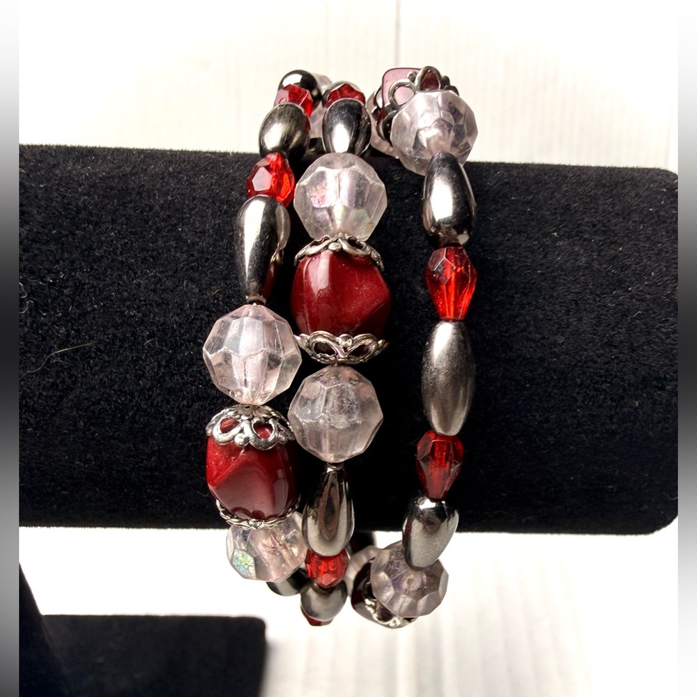 Red Clear Silver Beaded Coil Bracelet Stretch Wire Multi Strand Filigree Wrist